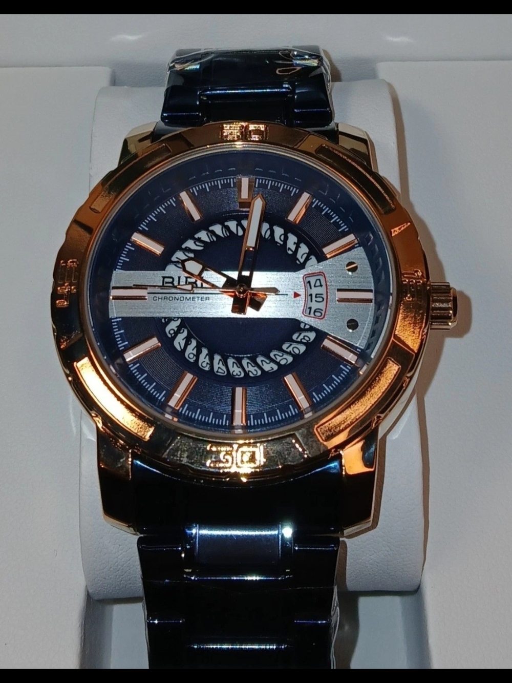 ​BIBI Chronometer Mens Quartz Watch Blue Rose Gold Steel Link Band New Box
